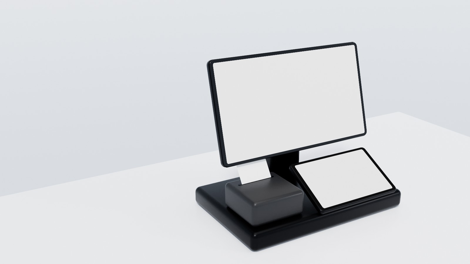 Station 03, POS and the day, close up: a countertop point of sale: the merchant display with the stages of the day and who owns each, the customer display, the receipt printer.