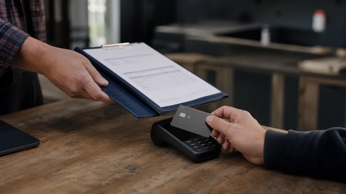 An invoice on a clipboard handed across a counter while a card is tapped on a terminal.