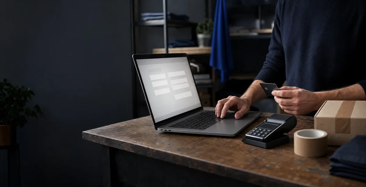 A merchant at a laptop with a card and a card terminal on a wooden desk.